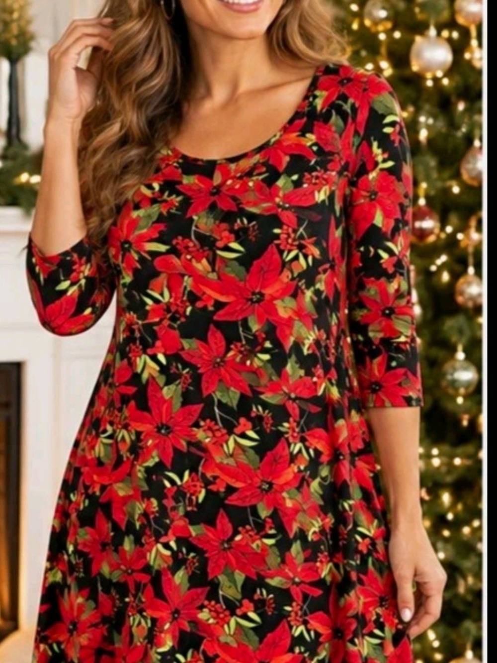 Source Unknown Black and Red Asymmetrical Poinsettia Dress
